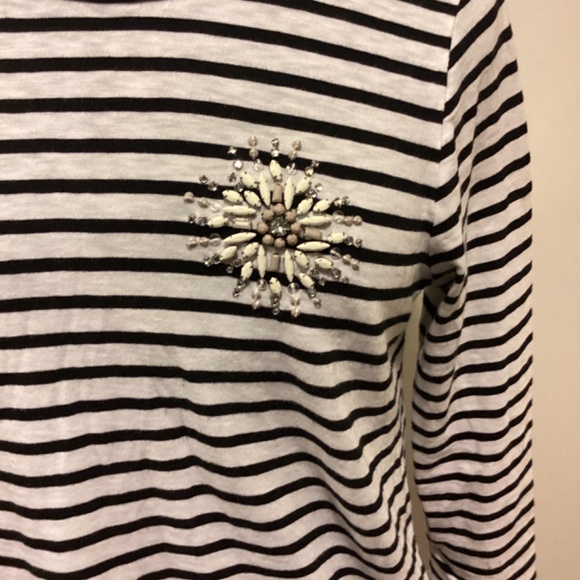 J.Crew 3/4 length sleeves Navy & White Striped Top w/beading Med - Picture 3 of 6
